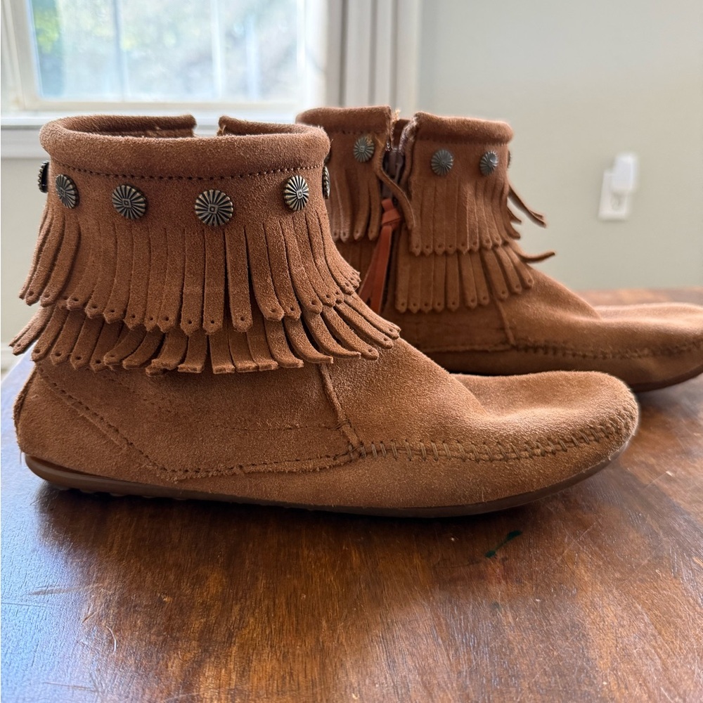 Minnetonka Tan Moccasins with Fringe